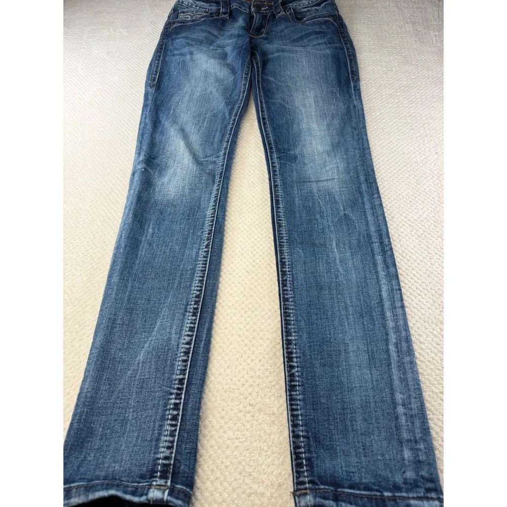 Rock Revival Muna Mid-Rise Skinny Jeans Blue Embroidered Pockets 27
